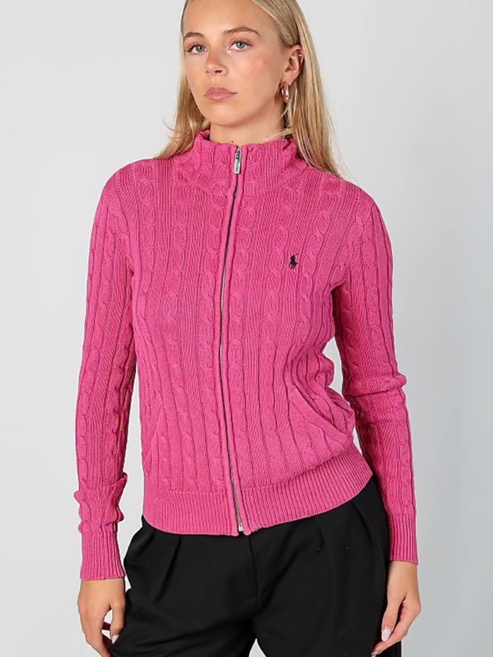 Ralph Lauren Golf Vintage cable-knit Mock Neck full-zip sweater Pink L